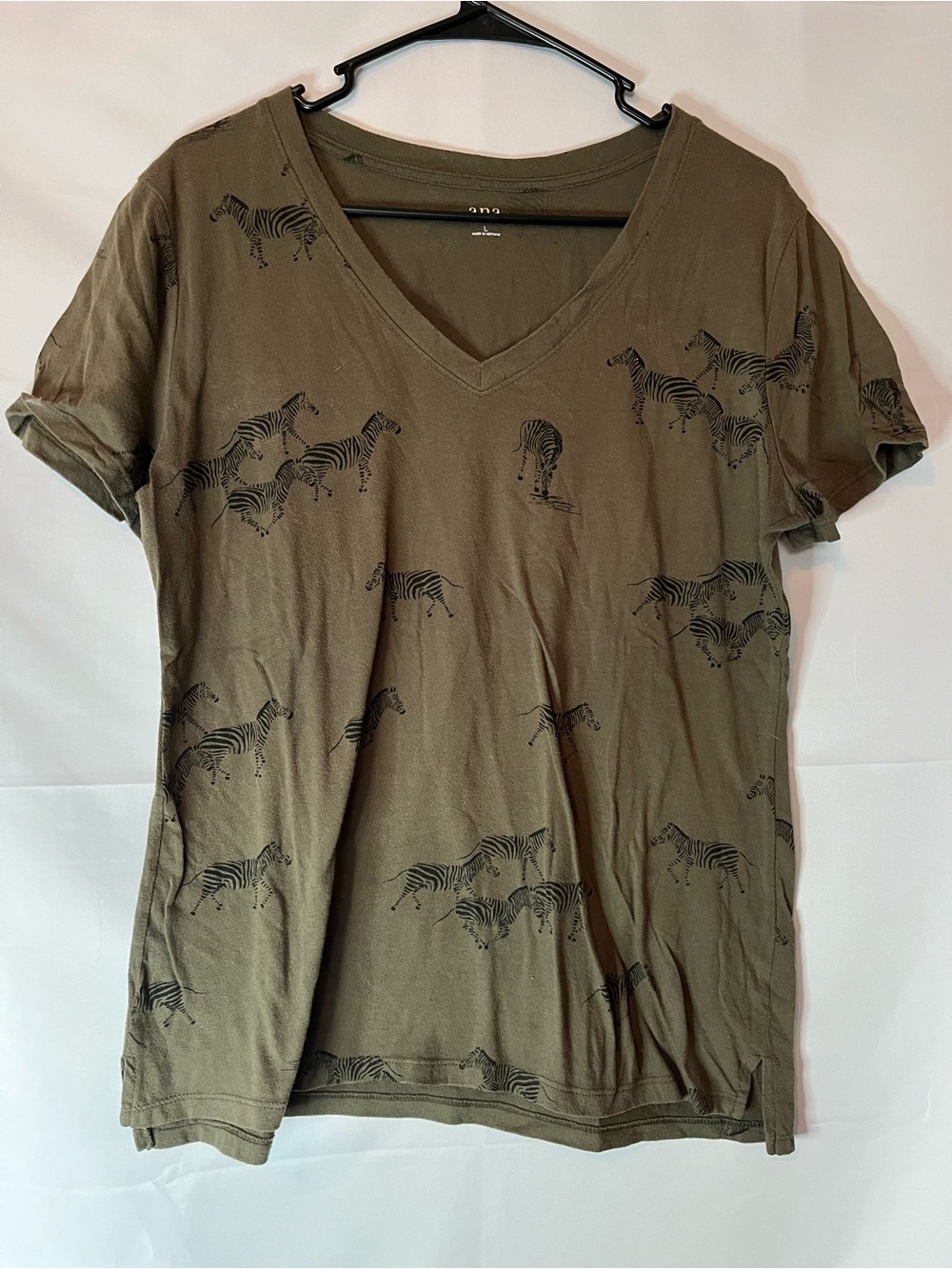 a.n.a Olive V-Neck Short Sleeve Tee with Black Zebra Motif